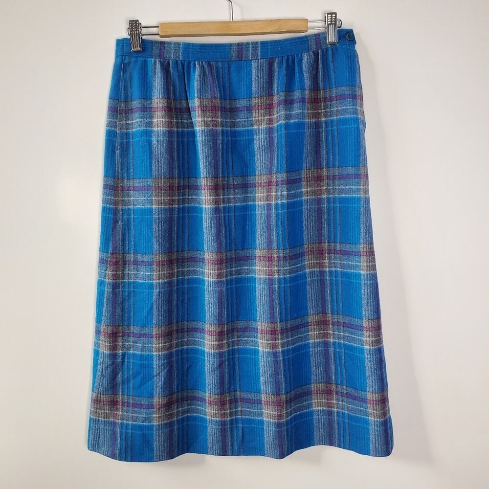 Vintage Pendleton Blue & purple plaid Wool midi Skirt Size 12 FLAWED